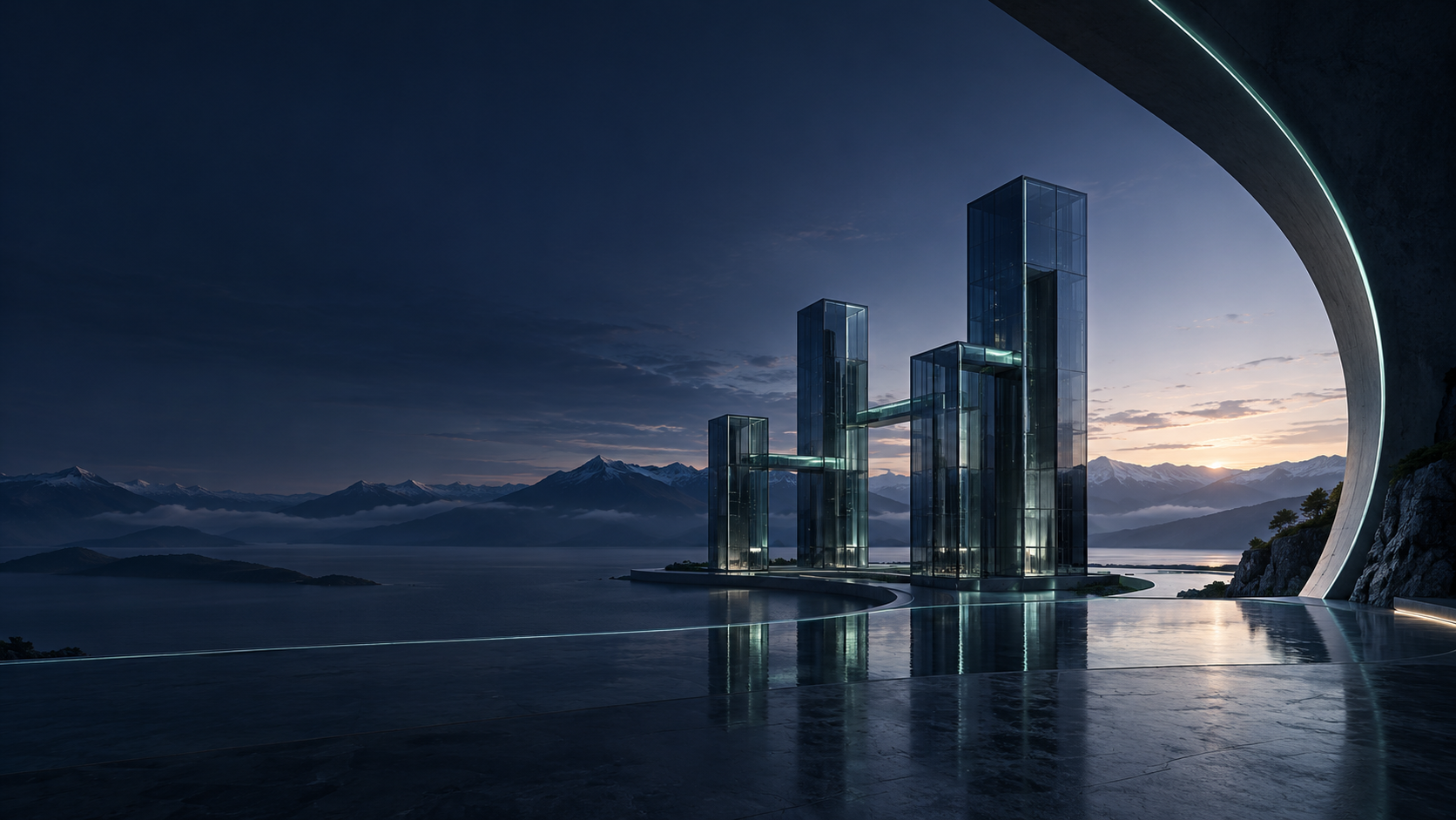 Connected glass structures under an architectural opening at sunrise